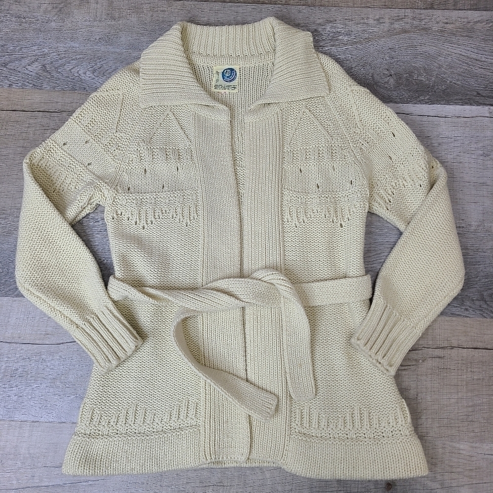 VTG 70s Beewear Cream Knit Belted Cardigan Sweater Size Medium‎